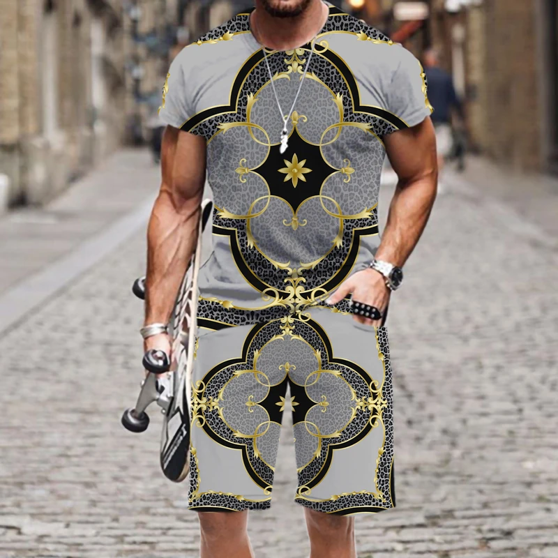 

Men's T-shirt Shorts Set Leopard Print Luxury Outfit Tracksuit Summer O Neck Fashion Hot Tops Funny Casual Street 2022 New Beach