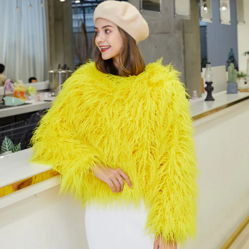 2023 Autumn Winter New Women Faux Fur Coat Korean Style Solid Color Round Neck Short Outwear Fashion Casual Large Size Jacket faux fur hairy autumn winter hair claw korean fashion vintage solid clip for women girl hairpin handmade accessories wholesale