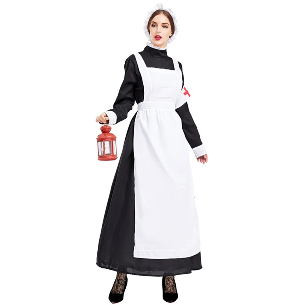 

Halloween Fantasia Dress Up Medieval War Victorian Civil War Nurse Costume Women Renaissance Maid Dress Long Cosplay Dress