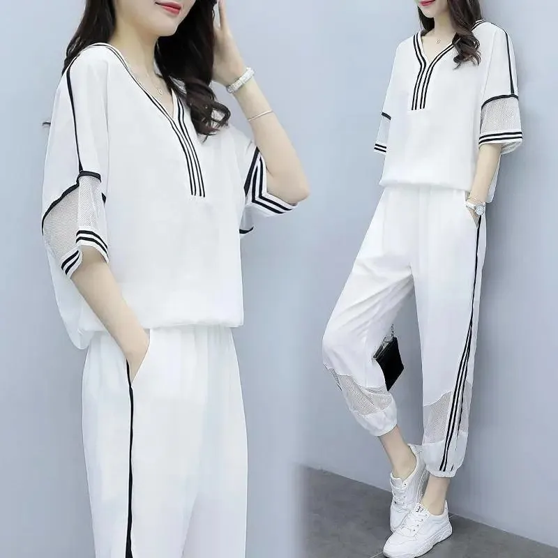 

Women's Suit Casual Tracksuit Summer Loose V-Neck Crop Top cropped pantsTwo Piece Set Women Clothes clothes set women and men