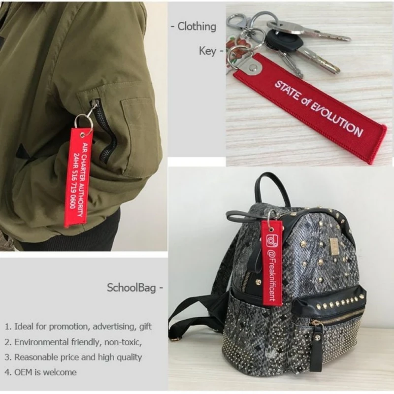 50 pcs Keychain Embroidery PVC Rubber Woven Printed Technics Customize Brand Fabric Key Chains Bag Tag