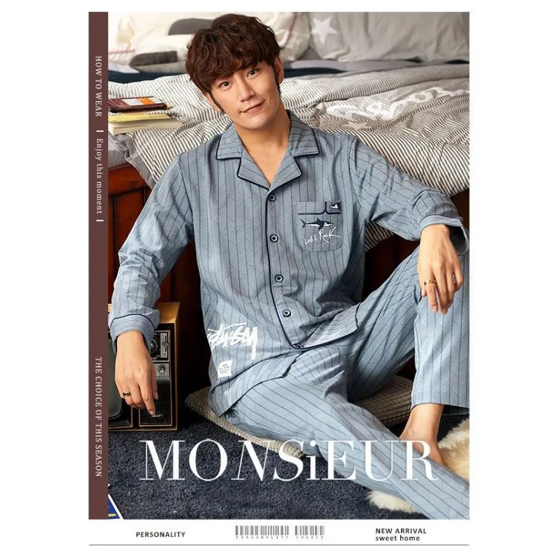 Cotton Pajamas Men Long-Sleeved Lapels Men Comfort Suits Young and Middle-Aged Spring and Autumn Loungewear Plus-Size 2 Piece Set