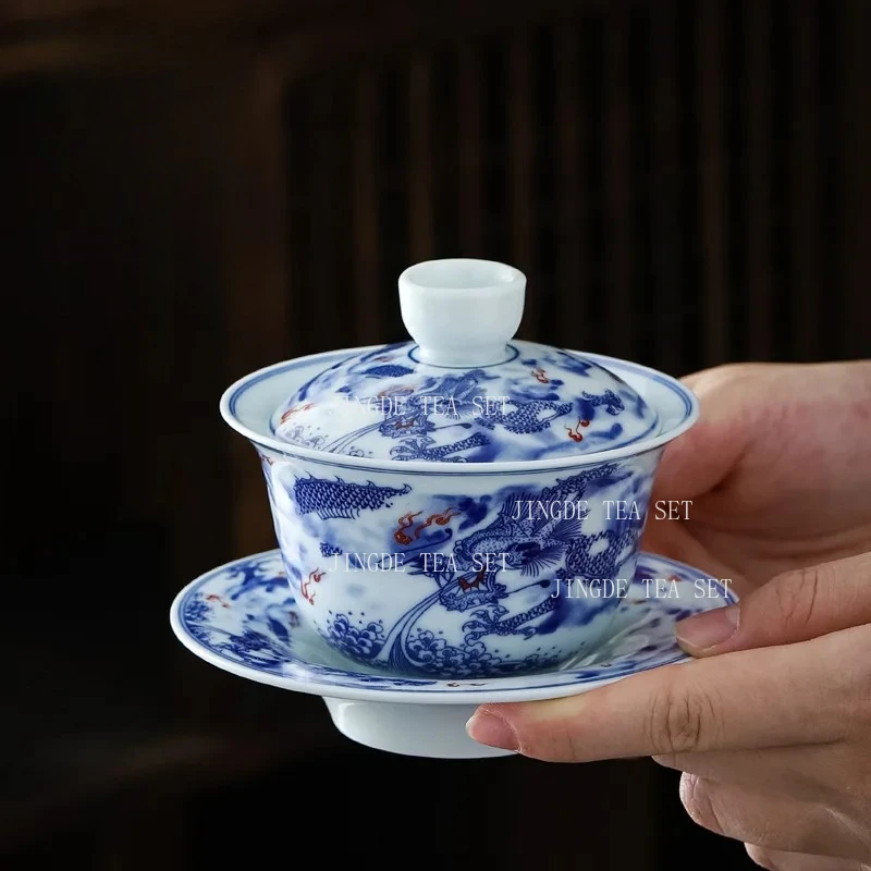 180ml Blue and White Three Talents Bowl Ceramic Kung Fu Tea Bowl Large Cup with Lid Chinese Household Tea Cup Drinking Utensils