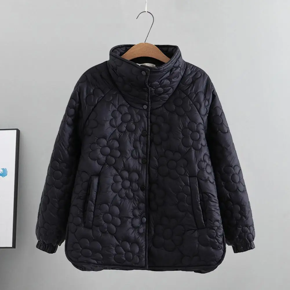 Women Jacket with Stand Collar Button Placket Flower Pattern Cotton Coat Windproof Warm Thicken Casual Loose Overcoat