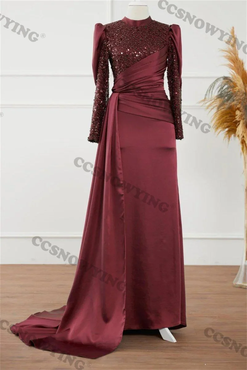 

Luxury Sparkly Sequin Muslim Evening Dresses Long Sleeve Islamic Formal Party Gowns Women High Neck Arabic Robes De Soirée