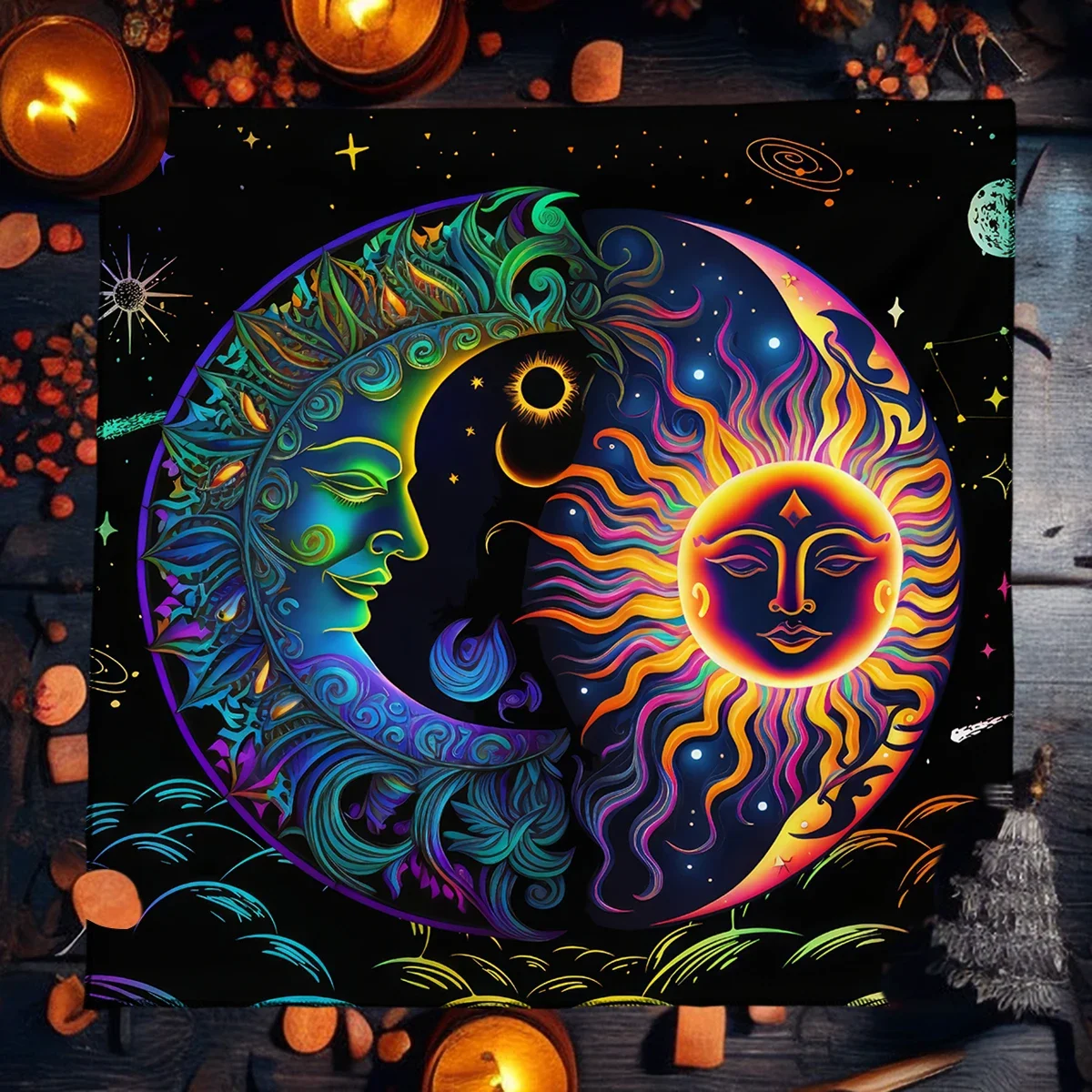 Mystical Colorful Sun and Moon Tarot Card Tablecloth Astrological Divination Altar Cloth Card Game Mat Witchcraft Witchy Decor 2