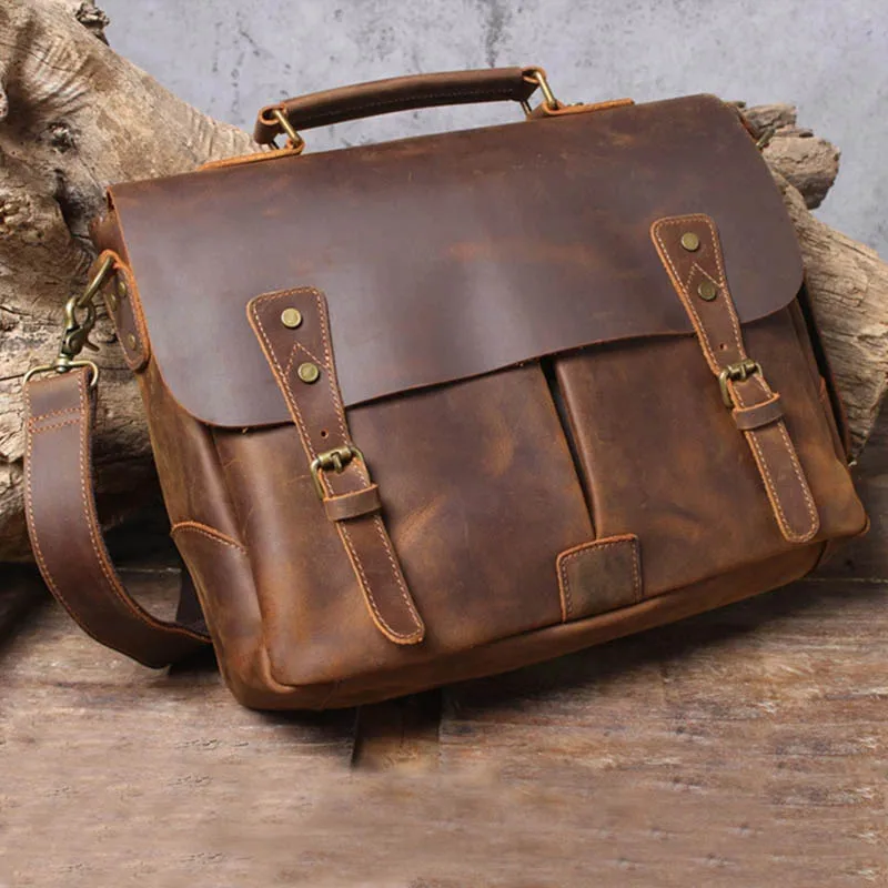Leather Briefcase Men A4 File Document Handbag Laptop Shoulder Bag Business Computer Bag
