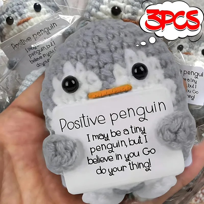 Plush Toy Positive Energy Penguin Hug Pocket Mini Handmade Plush Wool Knitting Doll with Card Funny Birthday Gifts Home Room Decoration