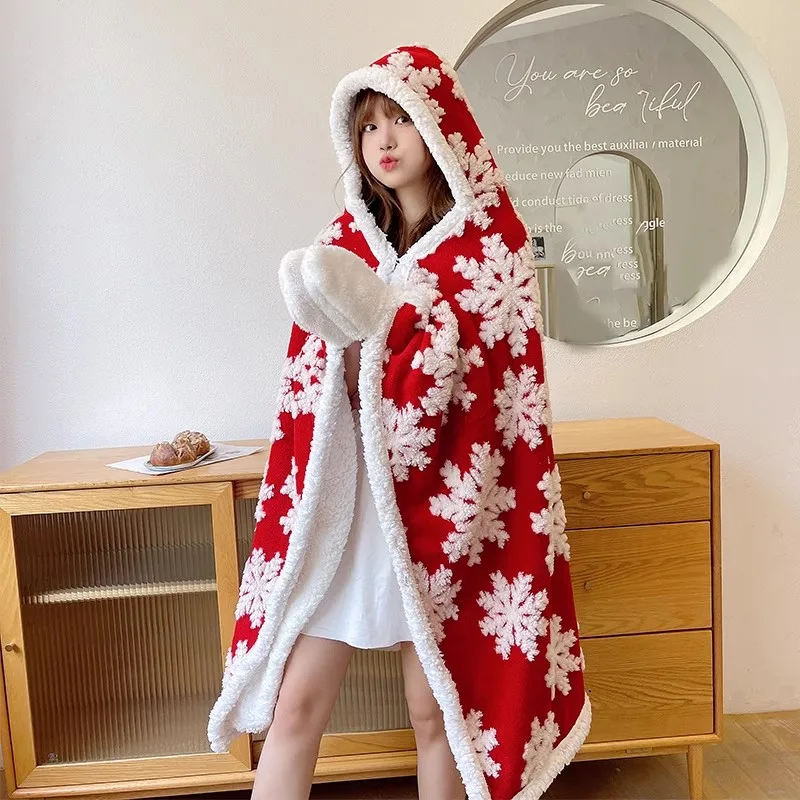 

Winter Warm Casual Blanket Lazy Cloak Blanket Hooded Cloak Shoulder Blanket Snowflake Pattern Weekend Family Games Blanket