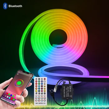 원격 RGB 네온 라이트 방수 블루투스 앱 제어, 홈 가든 장식, 유연한 리본 로프, LED 스트립, 110V, 220V