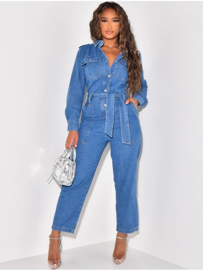 

Streetwear Jean Jumpsuit Women Spring Y2K Clothing Full Sleeve With Sashes Denim Rompers Playsuits One Piece Set Overalls Outfit