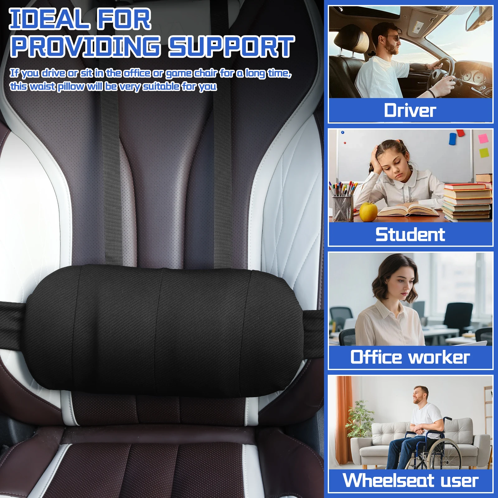 Car Lumbar Support Pillow Polyester and Memory Foam Car Seat Back Support with Adjustable Elastic Strap Car Interior Accessories