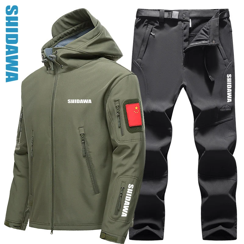 

2023 Autumn Winter Fleece Warm Men's Fishing Jacket Military Tactical Waterproof Suit Outdoor Fishing Hiking Camping Tracksuits