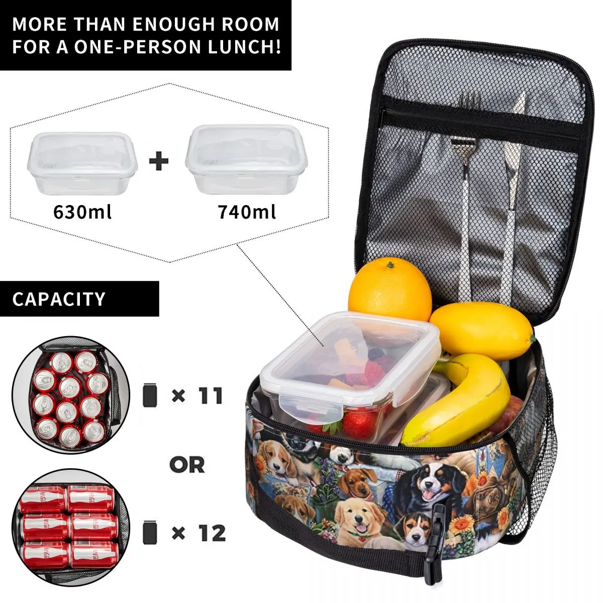 Cute Dachshund Border Collie Poodle Bulldog Collage Insulated Lunch Bag Portable Thermal Cooler Bento Box Kids School Children