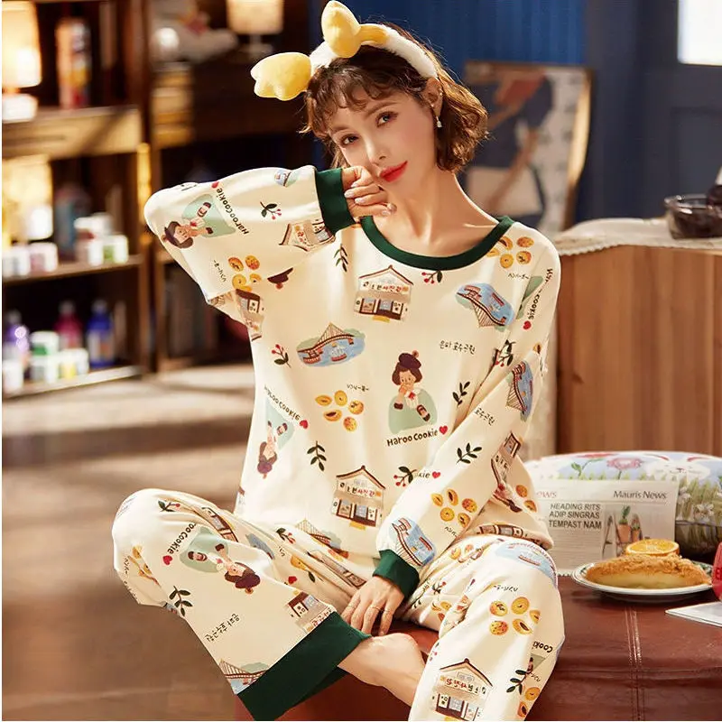 Plus Size Pajamas Women's Spring Autumn New Long-Sleeved Printed Sleepwear Girl Cute Cartoon Sleep Tops Casual Home Clothes Suit satin pajamas for women Pajama Sets