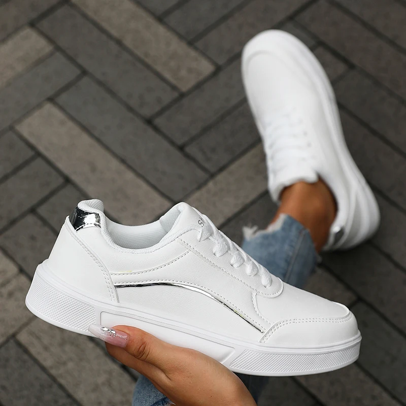Fashion White Skate Shoes for Women Sleek Silver Detailing Durable Leather Cushioned Women Shoes Lightweight Feel Easy To Clean