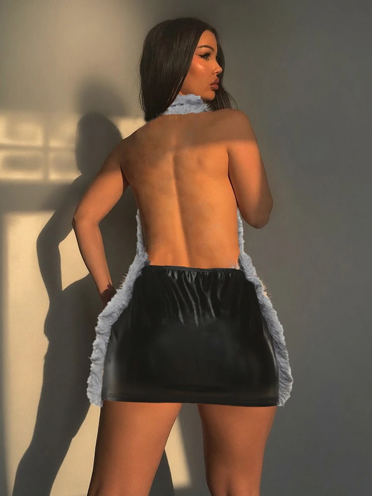 Nibber Sexy Fluffy Halter Dress Women Backless Sleeveless Leather Deep v-Neck Hipster Midnight Clubwear Rave Party Mini Bodycon