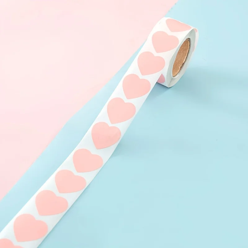Enchanting Pink Heart Stickers - 500pcs/Roll Self-Adhesive Labels for Wedding and Gift Decoration