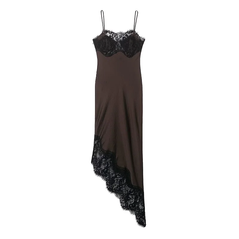 MUJER Spitzen-Slip-Midikleid für Damen, asymmetrisches Satin, Damenkleider, luxuriöse Abendkleider für Damen, sexy Nacht-Damenkleider – Detail 3
