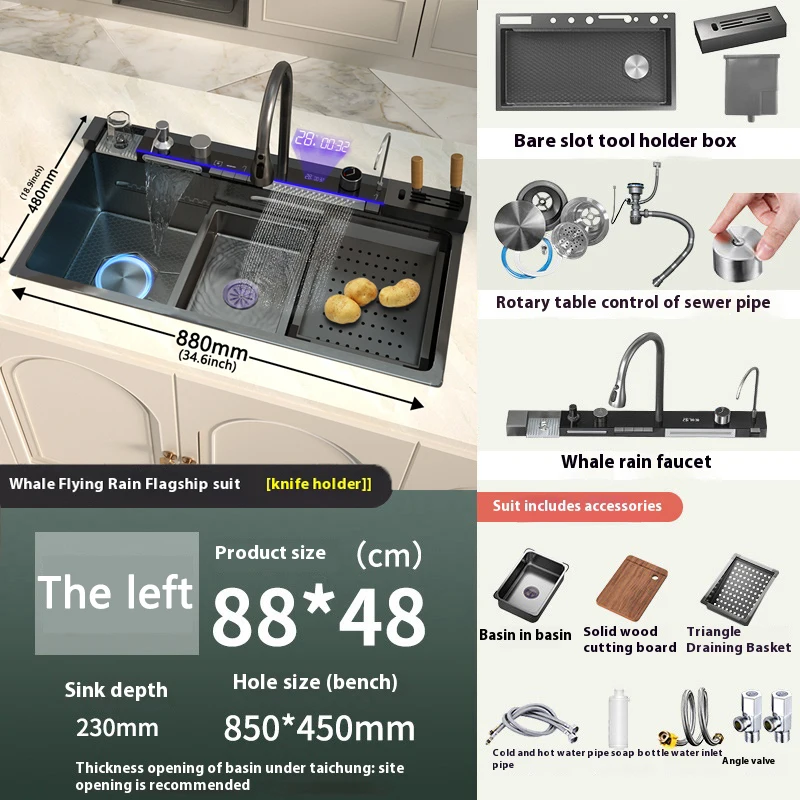 Black Waterfall Kitchen Sink With Cup Washer, Stainless Steel Drop In Kitchen Sinks Workstation With Spring Pull-Down Waterfall Faucet/Drain Button/Chopping Board(29.5 X 18.1 Inch