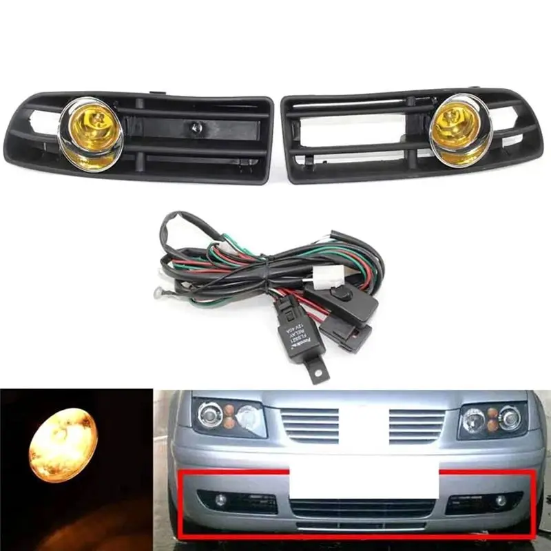새로운 노란색 전면 안개등 어셈블리, VW 보라 제타 MK4 1998-2004 교체용 스위치 하네스 포함 안개등 그릴