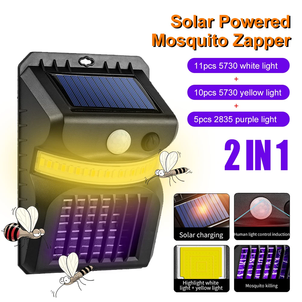 2 In 1 Solar Mosquito Zapper Outdoor Solar Bug Zapper Outdoor Insect Fly Trappole Con Lampada Da Parete A Luce Uv Per Giardino Esterno