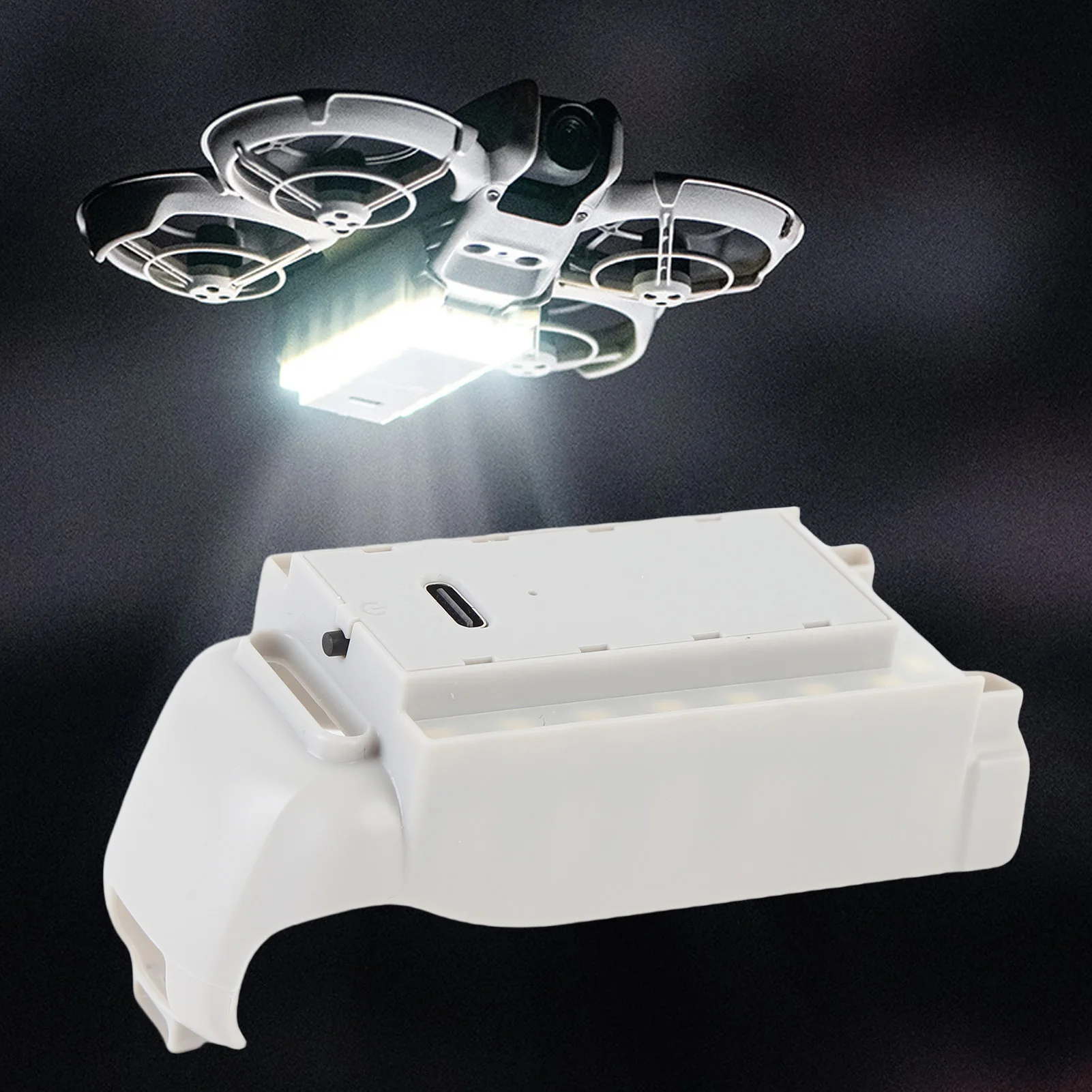 Train d'atterrissage lumineux pour drone Neo éclairant le sol, protection batterie et vol nocturne sécurisé.