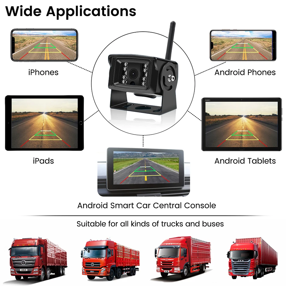 유니버설 12V-24V 5G 와이파이 트럭 DVR 카메라 50M 무선 720P HD 야간 투시 전후방 카메라 버스 RV 트레일러 iOS 안드로이드용