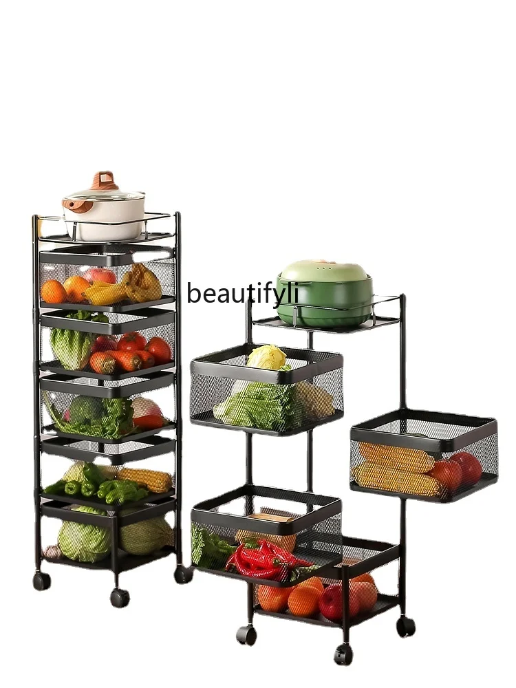 zqKitchen Trolley Rack Floor Multi-Layer Vegetable Mobile Rotating Vegetable Basket Snack Storage Rack