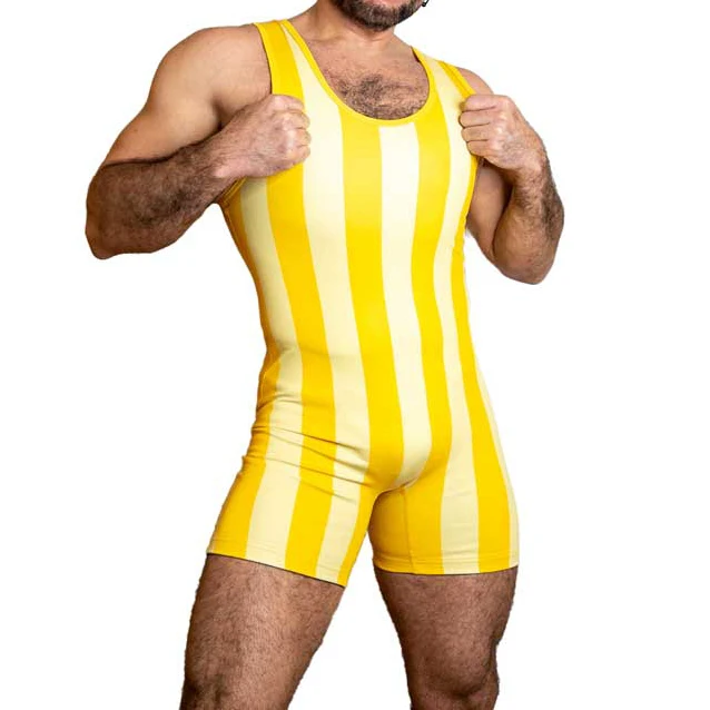 Yellow Vertical Stripes Wrestling Singlets Suit Boxing One Piece Bodysuit Iron Gym Sport Fitness PowerLifting Skinsuit