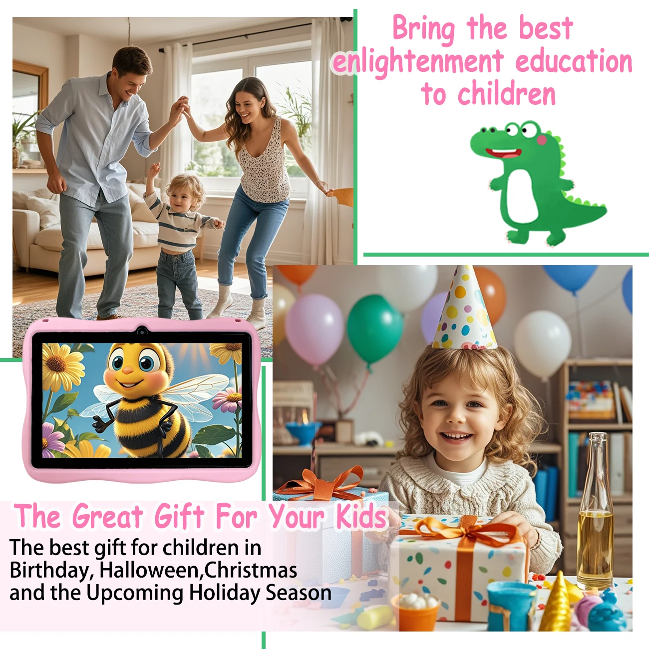 키즈 태블릿 2+32GB, 7'' 안드로이드 태블릿, 듀얼 카메라, 게임 교육 학습, 장난감 어린이 선물 PC 패드, 핑크블루