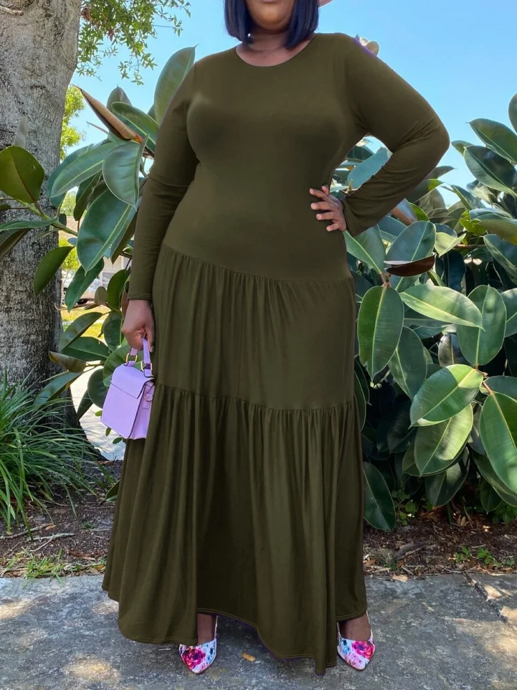 Wmstar Dress Women Wholesale The Fashionable Selling Comfortable Large Sized Round Neck Solid Color Pleated Design Dresses