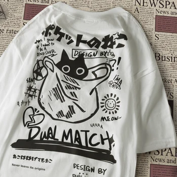 Men Women Cartoon T-Shirts 2024 Summer Harajuku Kawaii Cat Printed Short Sleeve Tees Couple Streetwear Loose Clothes Y2K Tops 1