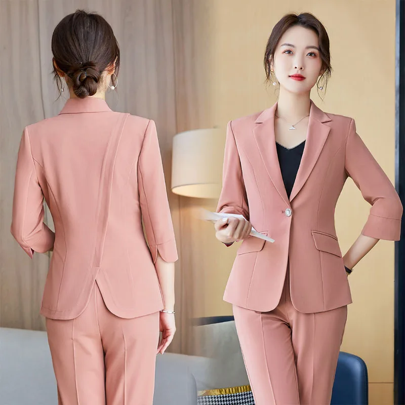 

Half Sleeve Slim-Fit Commute Solid Color Pink Trousers Workwear Two-Piece Set Work Uniforms Beautician Business Wear Suit