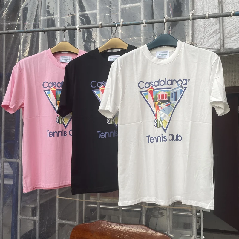

CASABLANCA T-shirts Colorful Tennis Court Letter Logo Print Short Sleeve Tops 3XL Cotton Couple Clothes Men Women Casa T Shirt