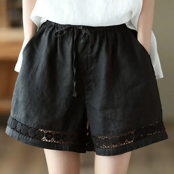 Casual Solid Linen Cotton Lace Floral Summer Short Pants Loose Elastic Waist Boho Beach Wear Shorts for Women Bottom