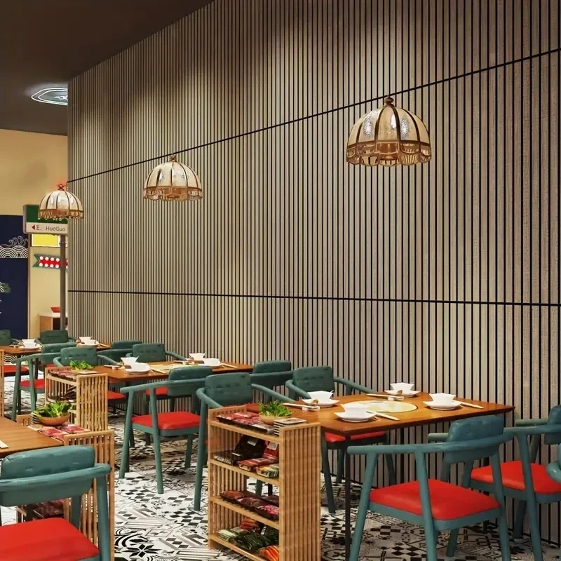 Wood wallpaper used behind shelves for visual depth