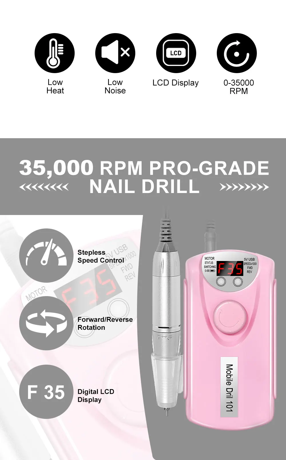 Description Picture 3 of item35000RPM Nail Drill Machine for Nails Rechargeable Manicure Low Noise Professional Electric Nail Drills Motor Polishe Sander