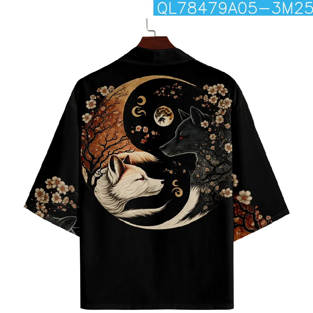 Summer Loose Japanese Fashion Wolf Print Kimono Streetwear Cardigan Robe Women Men Haori Top Yukata Plus Size 4XL 5XL