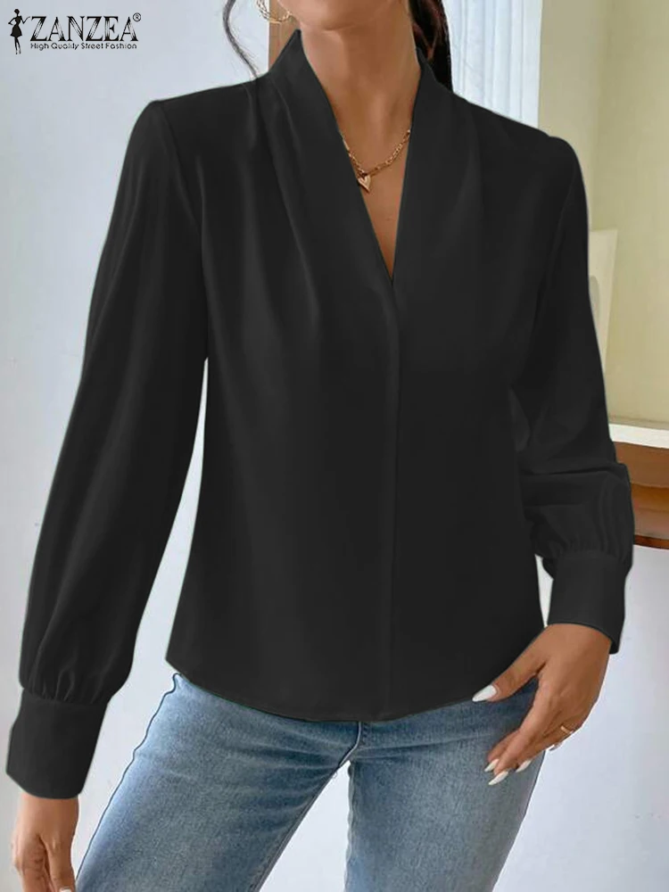 ZANZEA Vintage OL Pleating Blusas Oversized Women V-neck Shirts Fashion Solid Color Tops Tunic 2023 Autumn Long Sleeve Blouses
