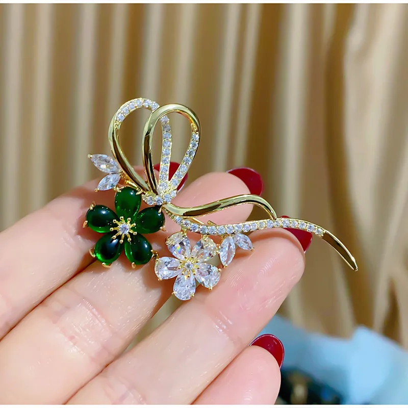 Green Floral Bowknot Brooches Jewellry For Ladies Shining Cubic Zirconia Flower Corsage Luxury Brooch Bouttoniere