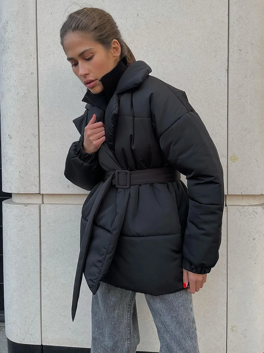 Winter Lace-Up Pocket Parkas Outwear Female V-Neck Loose Long Sleeve Fashion High Waist Bandage Coat Ladies Solid Outwear