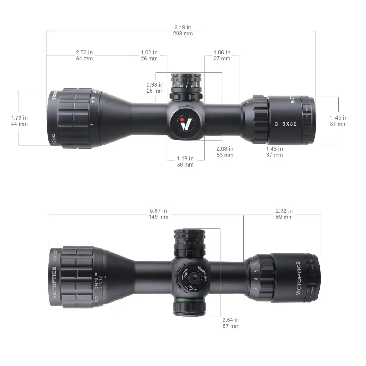 VictOptics C3 3-9x32SFP 1-Zoll-Zielfernrohr mit roter und grüner Beleuchtung, Min. Fokus 3 Yards, ultrakompakte Größe, passend für AR 15.223.308 – Detail 2