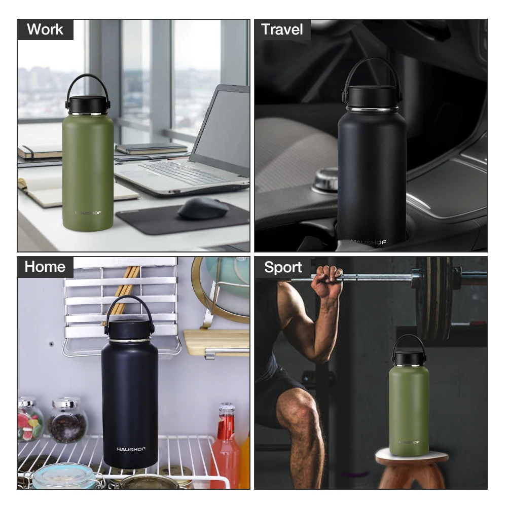 HAUSHOF 950ml/32oz 스테인레스 스틸 물병 이중 벽 절연 진공 야외 여행 스포츠 머그잔 뚜껑 자동차 물병