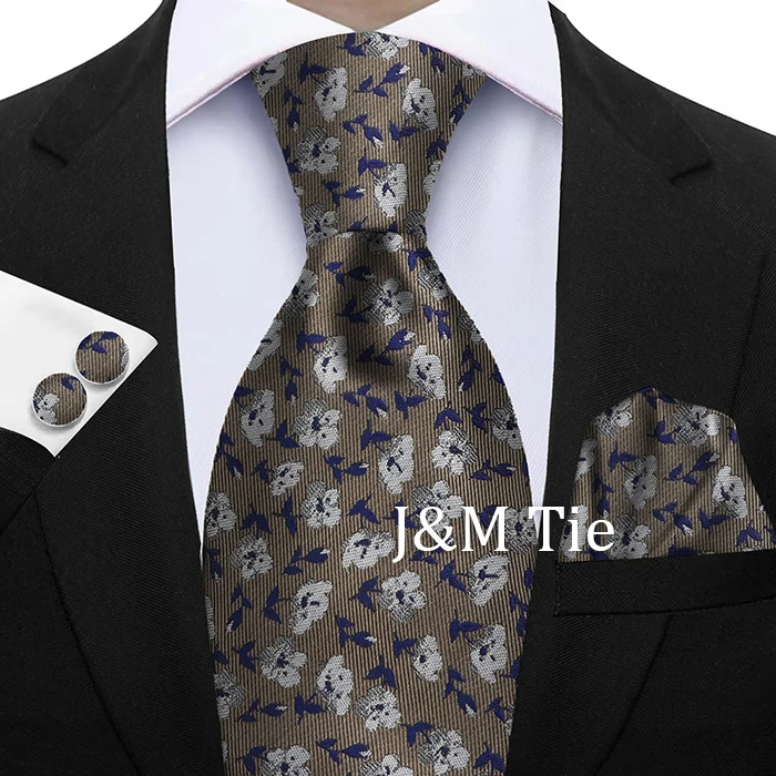 Hochwertiges 3-teiliges Krawattenset mit Blumenmuster – Krawatte aus Polyester-Seide, Einstecktuch und Manschettenknöpfe – elegant für Hochzeiten und formelle Anlässe – Detail 13