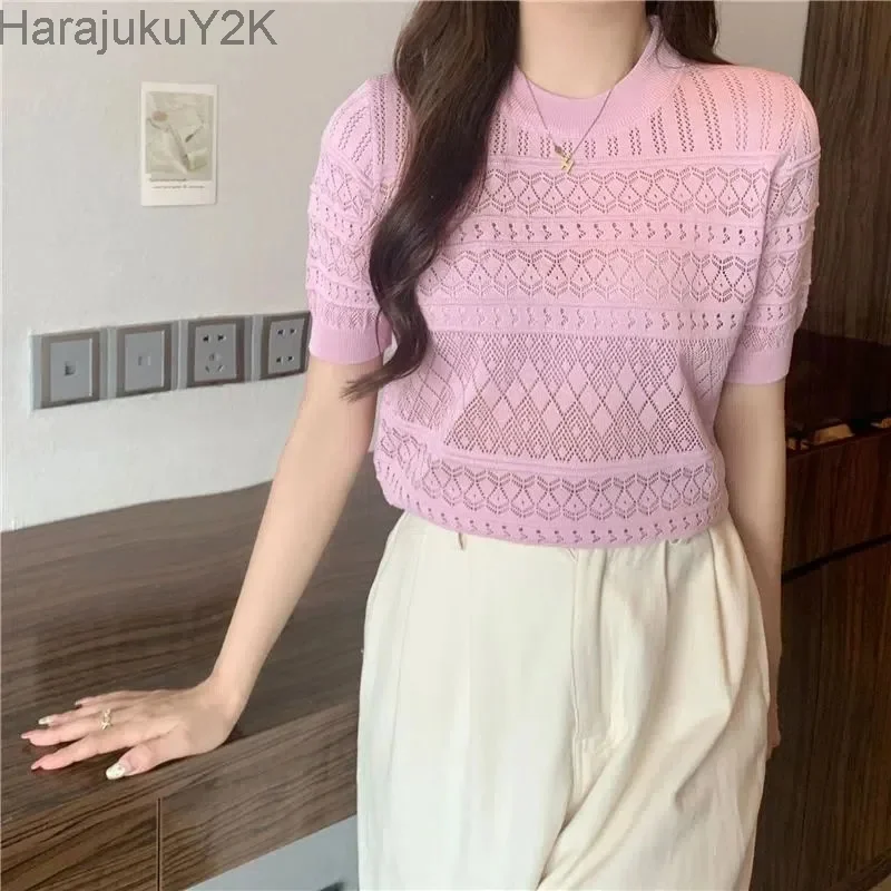 

Hook Flower Hollow Aesthetic Short Sleeve T Shirt Knitting Pink Woman Blouses Summer Chic Loose Korean Style