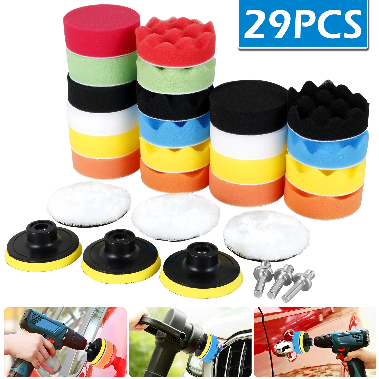 10 Piece Car Polishing Pad Kit - 3/4/5/6 Inch Sponge & Wool Buffing Pads With Drill Adapter