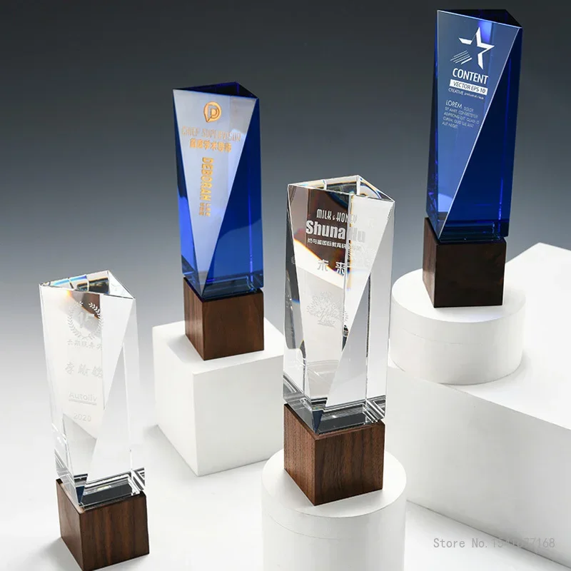 Customized Walnut Base Crystal Trophy, Creative Event Award Collection, Outstanding Staff, Souvenir, Home Decor, High Grade, 1Pc