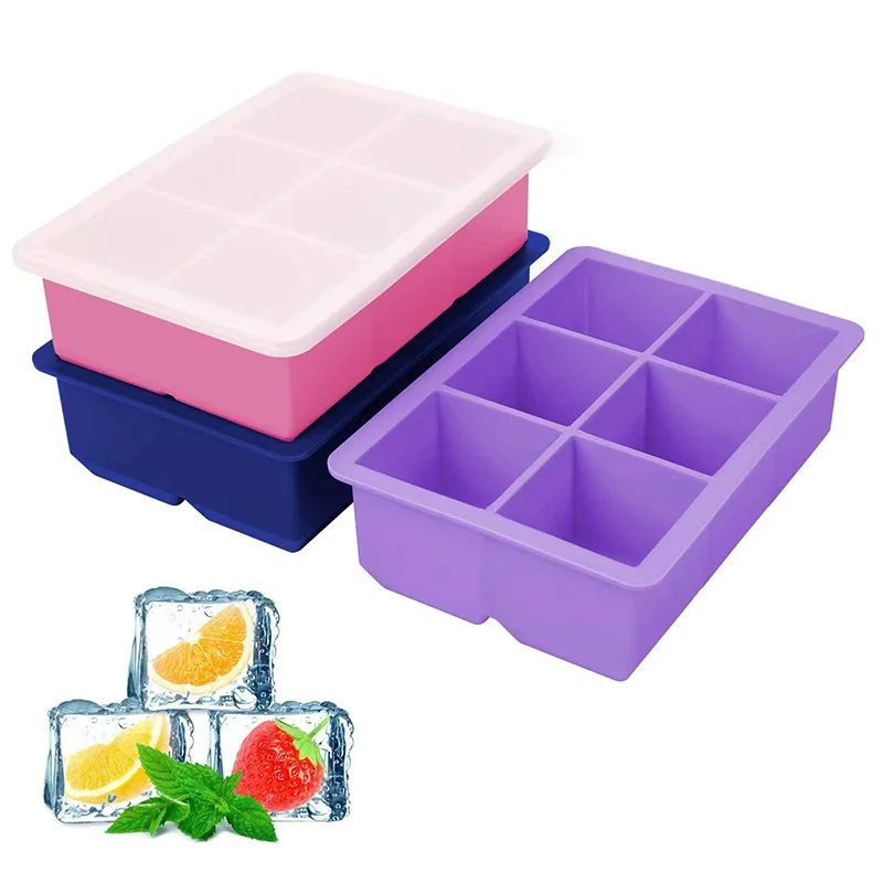 Vassoio per cubetti di ghiaccio extra large con coperchio, in silicone, con coperchio, per congelatore, 6 grandi cubetti di ghiaccio quadrati per whisky, ghiaccio per cocktail o alimenti, tazze da