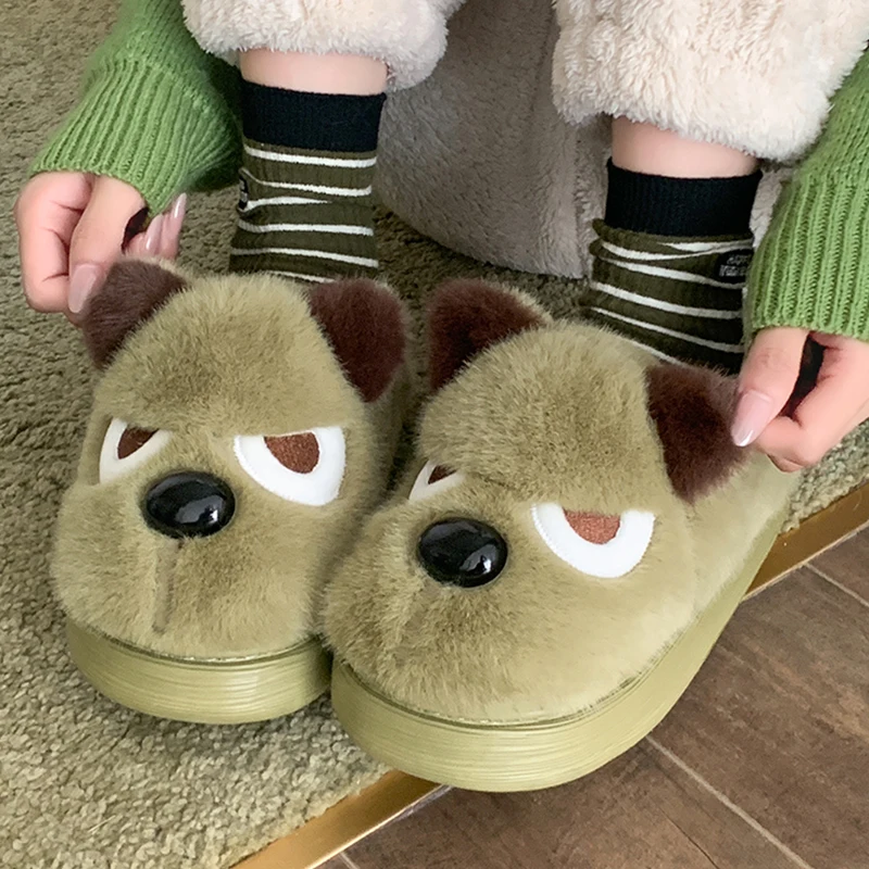 Lovely Cartoon Dogs Cotton Slippers Women Indoor Thick Bottom Non Slip House Fur Slippers Woman Soft Sole Warm Plush Slides Lady